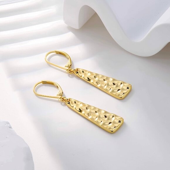 14K GoldA Plated  French Lightweight Square Bar Long Drop Leverback Earring - Picture 5 of 7